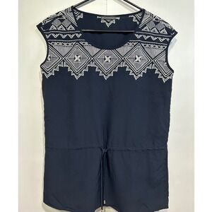 Adrianna Papell Embroidered Tunic Women S Navy Blue Cap Sleeve‎ Drawstring Waist